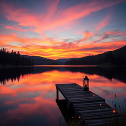 A serene landscape featuring a majestic sunset over a calm lake, with vibrant hues of orange, pink, and purple painted across the sky