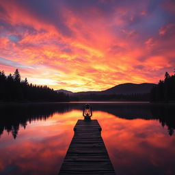 A serene landscape featuring a majestic sunset over a calm lake, with vibrant hues of orange, pink, and purple painted across the sky