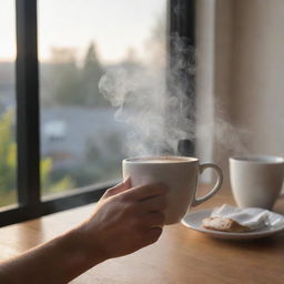 Modify the image to specifically depict the user's hand elegantly holding a steaming cup of coffee, bathed in soft morning light inside a cozy room.