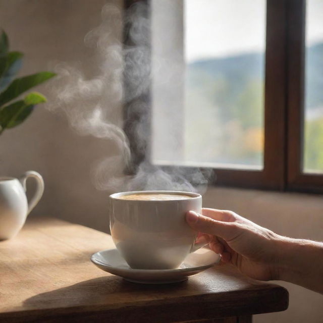 Modify the image to specifically depict the user's hand elegantly holding a steaming cup of coffee, bathed in soft morning light inside a cozy room.