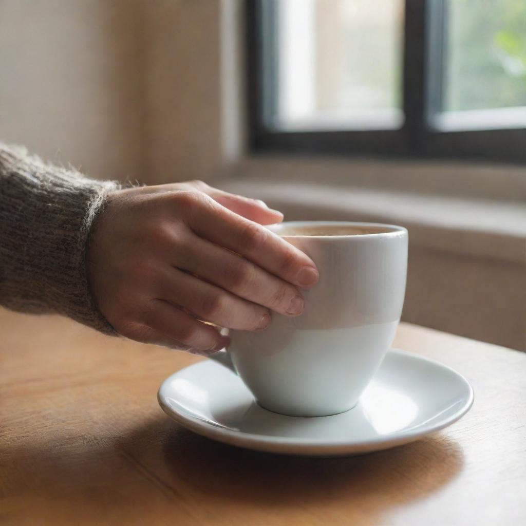 Adjust the image to showcase a close-up view of a hand, identifiable as the requester's, holding the warm cup of coffee amidst a cozy indoor setting with soft morning sunlight.