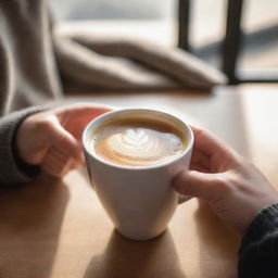 Adjust the image to showcase a close-up view of a hand, identifiable as the requester's, holding the warm cup of coffee amidst a cozy indoor setting with soft morning sunlight.