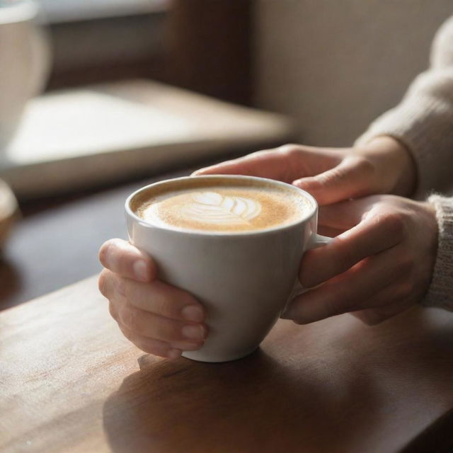 Adjust the image to showcase a close-up view of a hand, identifiable as the requester's, holding the warm cup of coffee amidst a cozy indoor setting with soft morning sunlight.