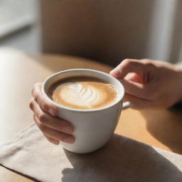 Adjust the image to showcase a close-up view of a hand, identifiable as the requester's, holding the warm cup of coffee amidst a cozy indoor setting with soft morning sunlight.