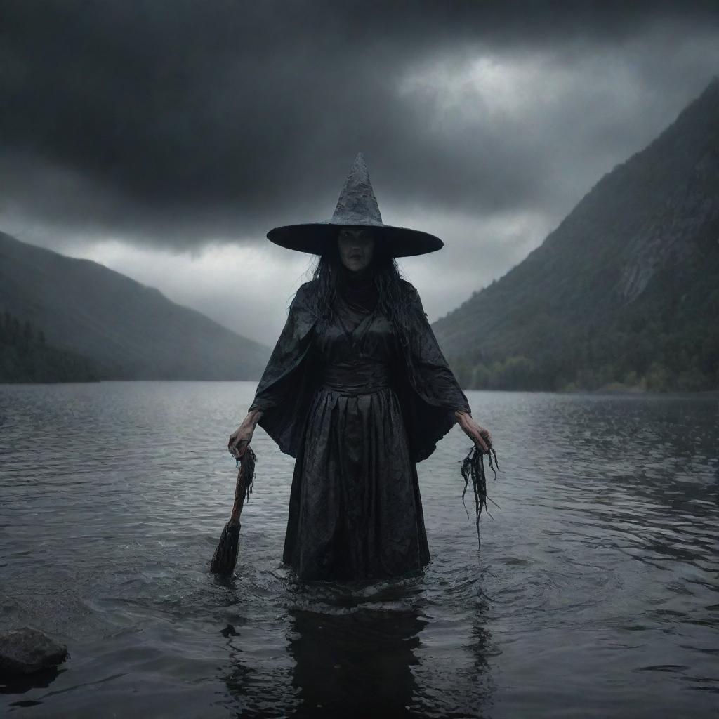 A sinister witch emerging from a dark, eerie lake located at the foot of a cursed mountain under a stormy sky.