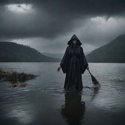 A sinister witch emerging from a dark, eerie lake located at the foot of a cursed mountain under a stormy sky.