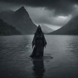 A sinister witch emerging from a dark, eerie lake located at the foot of a cursed mountain under a stormy sky.