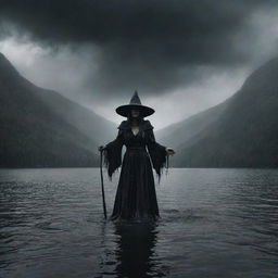 A sinister witch emerging from a dark, eerie lake located at the foot of a cursed mountain under a stormy sky.