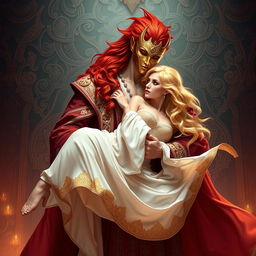 A beautiful blonde woman, adorned with elegant harem attire, gracefully held in the arms of a tall, powerful man with striking red hair