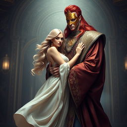 A beautiful blonde woman, adorned with elegant harem attire, gracefully held in the arms of a tall, powerful man with striking red hair