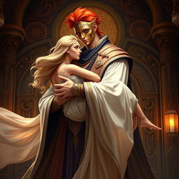 A beautiful blonde woman, adorned with elegant harem attire, gracefully held in the arms of a tall, powerful man with striking red hair