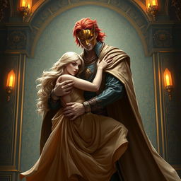 A beautiful blonde woman, adorned with elegant harem attire, gracefully held in the arms of a tall, powerful man with striking red hair