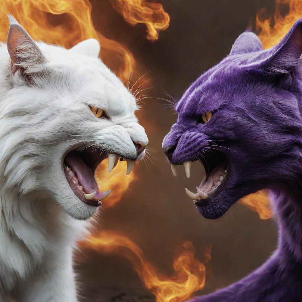 Two colossal cats, one fiery purple and the other pure white, locked in an epic battle, showing vicious snarls and displaying dominating power.