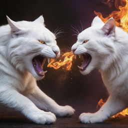 Two colossal cats, one fiery purple and the other pure white, locked in an epic battle, showing vicious snarls and displaying dominating power.