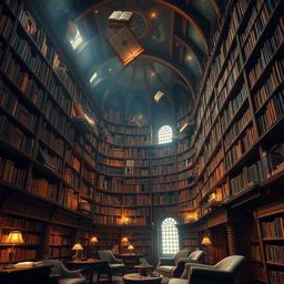 A magical library with towering high shelves filled with ancient, colorful books