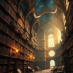 A magical library with towering high shelves filled with ancient, colorful books