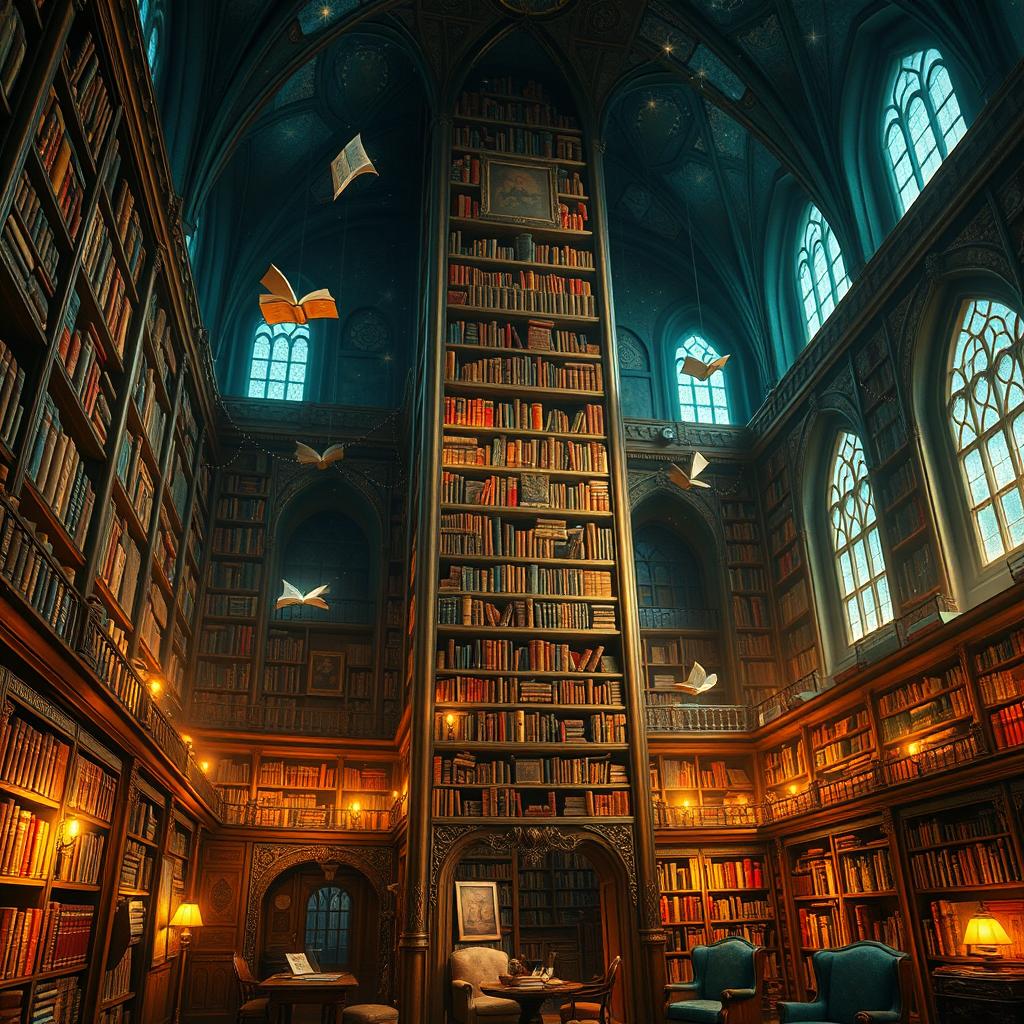 A magical library with towering high shelves filled with ancient, colorful books