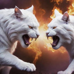 Two colossal cats, one fiery purple and the other pure white, locked in an epic battle, showing vicious snarls and displaying dominating power.