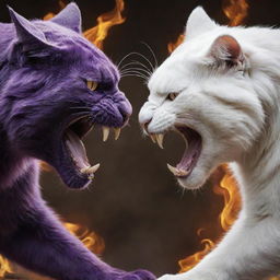 Two colossal cats, one fiery purple and the other pure white, locked in an epic battle, showing vicious snarls and displaying dominating power.