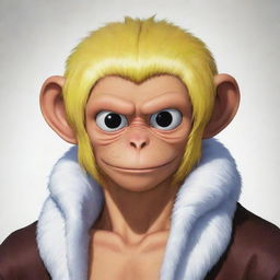 Illustrate a mink monkey character from the anime One Piece, featuring distinct yellowish hair and deep black eyes.