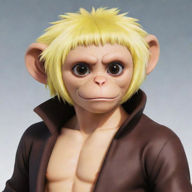 Illustrate a mink monkey character from the anime One Piece, featuring distinct yellowish hair and deep black eyes.