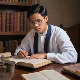 A focused Filipino male student from the colonial era, studying medicine. He is surrounded by antique medical textbooks and instruments, wearing period-appropriate attire, set in a classical academic setting.