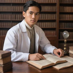 A focused Filipino male student from the colonial era, studying medicine. He is surrounded by antique medical textbooks and instruments, wearing period-appropriate attire, set in a classical academic setting.