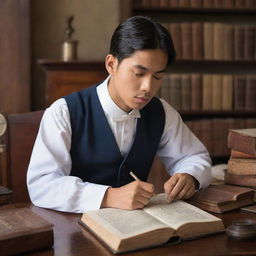 A focused Filipino male student from the colonial era, studying medicine. He is surrounded by antique medical textbooks and instruments, wearing period-appropriate attire, set in a classical academic setting.