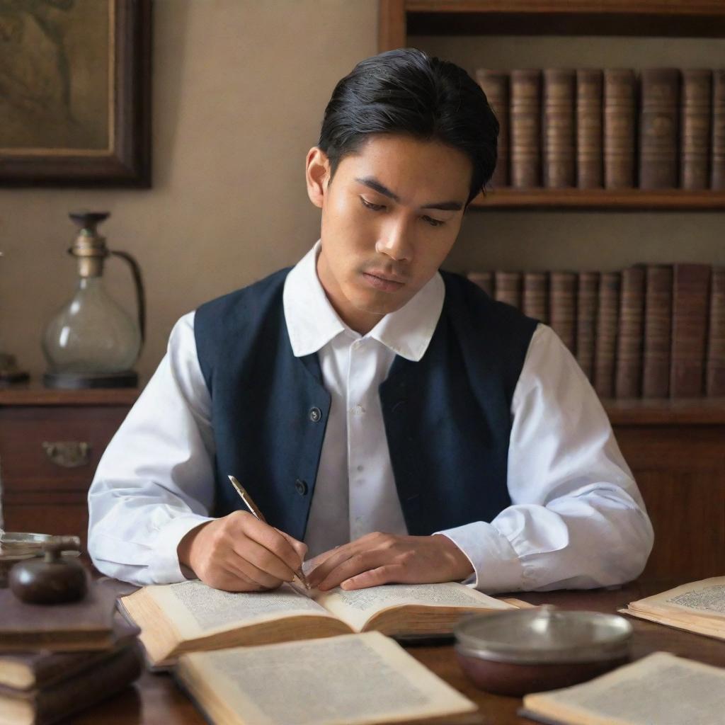 A focused Filipino male student from the colonial era, studying medicine. He is surrounded by antique medical textbooks and instruments, wearing period-appropriate attire, set in a classical academic setting.