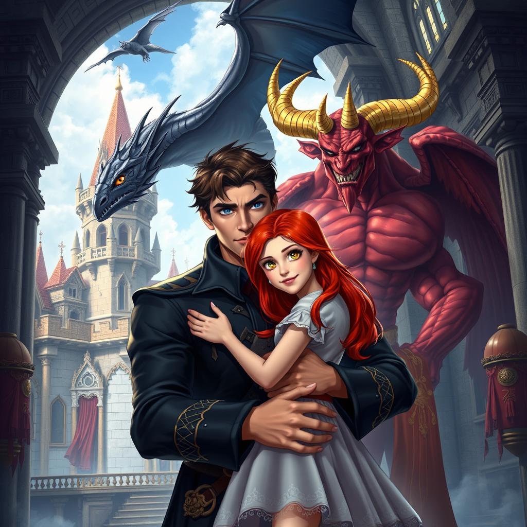 A beautiful red-haired girl with sparkling golden eyes is being held tenderly by a tall, handsome, and powerful brunette with piercing blue eyes