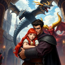 A beautiful red-haired girl with sparkling golden eyes is being held tenderly by a tall, handsome, and powerful brunette with piercing blue eyes