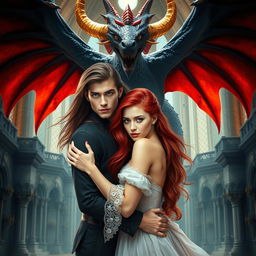 A stunning scene featuring a beautiful young woman with vibrant red hair and captivating golden eyes being embraced by a tall and handsome brunette with long flowing hair and striking blue eyes