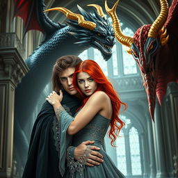 A stunning scene featuring a beautiful young woman with vibrant red hair and captivating golden eyes being embraced by a tall and handsome brunette with long flowing hair and striking blue eyes