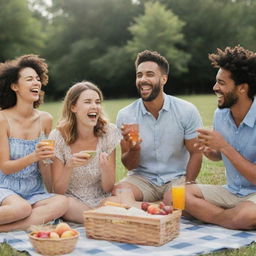 Generate a candid, less professional image of a group of friends having fun at a picnic during a sunny day, with laughter and joy clearly visible on their faces.