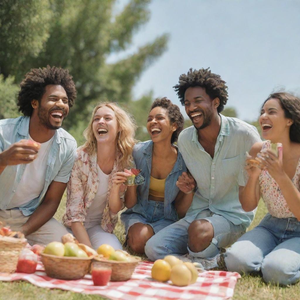 Generate a candid, less professional image of a group of friends having fun at a picnic during a sunny day, with laughter and joy clearly visible on their faces.