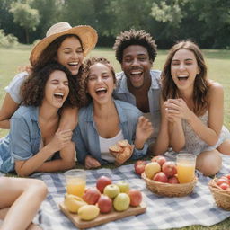 Generate a candid, less professional image of a group of friends having fun at a picnic during a sunny day, with laughter and joy clearly visible on their faces.