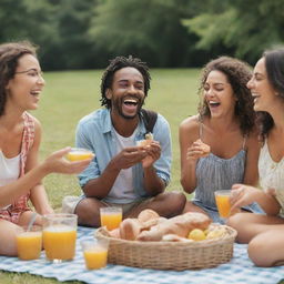 Generate a candid, less professional image of a group of friends having fun at a picnic during a sunny day, with laughter and joy clearly visible on their faces.