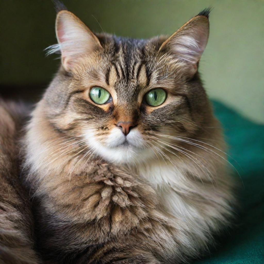 A majestic domestic cat, lounging comfortably, with sparkling green eyes and a lush, vibrant colored fur.