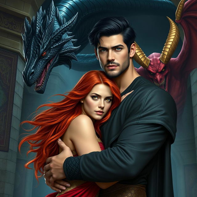 A beautiful red-haired young woman with flowing locks and striking golden eyes, nestled in the strong, protective embrace of a tall, handsome, powerful man who has jet black hair and deep dark blue eyes