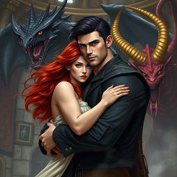 A beautiful red-haired young woman with flowing locks and striking golden eyes, nestled in the strong, protective embrace of a tall, handsome, powerful man who has jet black hair and deep dark blue eyes