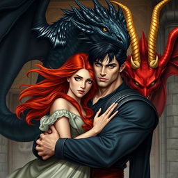 A beautiful red-haired young woman with flowing locks and striking golden eyes, nestled in the strong, protective embrace of a tall, handsome, powerful man who has jet black hair and deep dark blue eyes