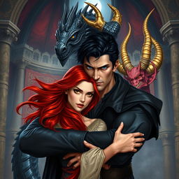 A beautiful red-haired young woman with flowing locks and striking golden eyes, nestled in the strong, protective embrace of a tall, handsome, powerful man who has jet black hair and deep dark blue eyes