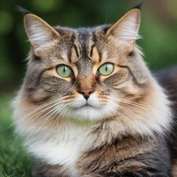 A majestic domestic cat, lounging comfortably, with sparkling green eyes and a lush, vibrant colored fur.