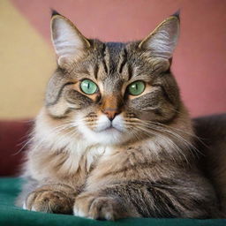 A majestic domestic cat, lounging comfortably, with sparkling green eyes and a lush, vibrant colored fur.