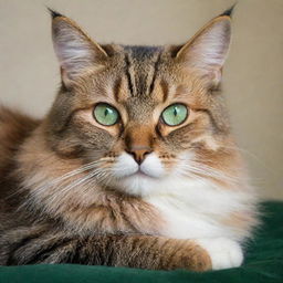 A majestic domestic cat, lounging comfortably, with sparkling green eyes and a lush, vibrant colored fur.