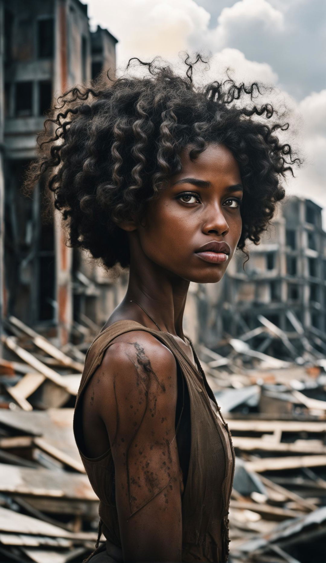 16k resolution photograph of a beautiful 23-year-old black woman with pale hazel green eyes and symmetrical features in a war-torn setting. Low light, side head view shot by James Nachtwey.