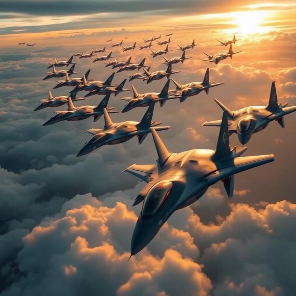 A visually striking representation of Russia's Su-57 fighter jets, showcasing a fleet of 500 aircraft soaring through a dramatic sky