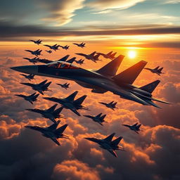 A visually striking representation of Russia's Su-57 fighter jets, showcasing a fleet of 500 aircraft soaring through a dramatic sky