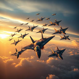 A visually striking representation of Russia's Su-57 fighter jets, showcasing a fleet of 500 aircraft soaring through a dramatic sky