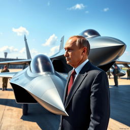 A detailed and realistic scene of Vladimir Putin standing and observing a Su-57 stealth fighter jet at a military airfield